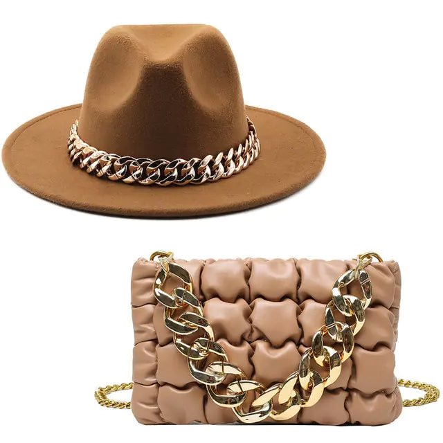 Chic Fedora Hats with Gold Chains with bag