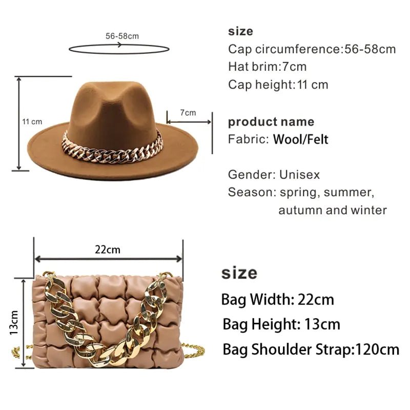 Chic Fedora Hats with Gold Chains with bag