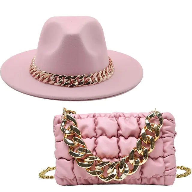 Chic Fedora Hats with Gold Chains with bag
