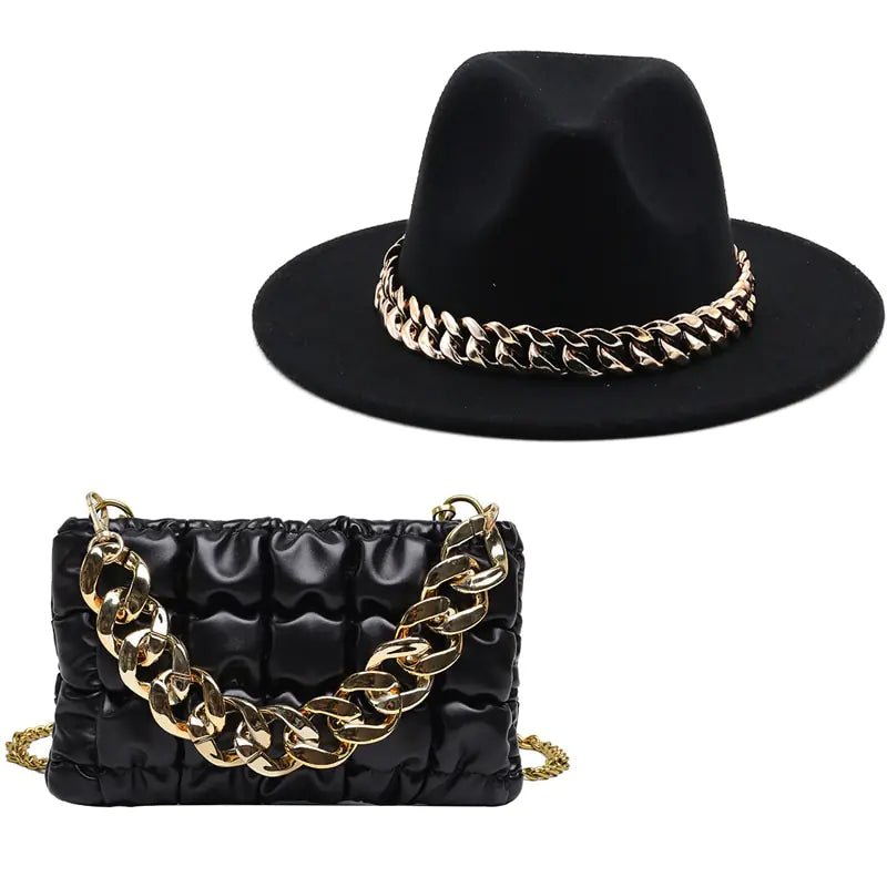 Chic Fedora Hats with Gold Chains with bag