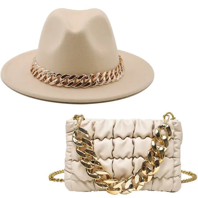 Chic Fedora Hats with Gold Chains with bag