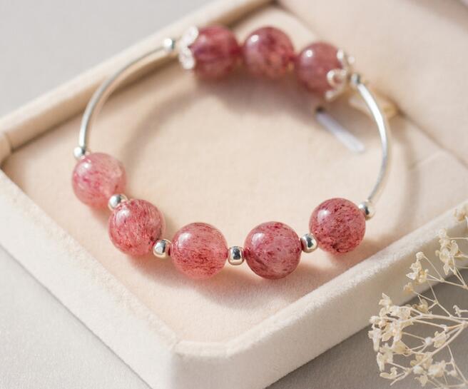 925 Silver Rose Quartz & Strawberry Quartz Lucky Ball Bead Bracelet.