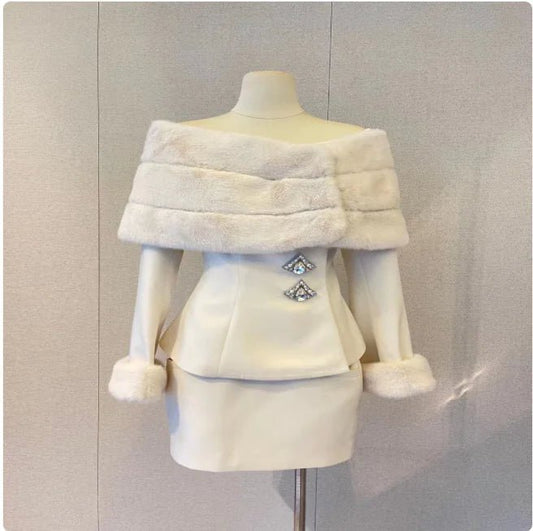 Elegant Off-Shoulder Faux Fur Coat & Skirt Combo