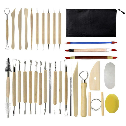 32 - Piece Pottery Tool Set with Cloth Bag - DIY Clay Sculpting Kit for Kids - VISM