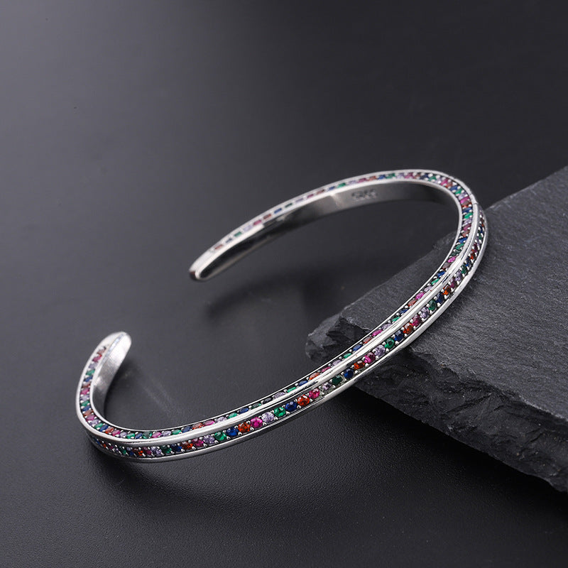 925 Silver Three-Side Rainbow Zircon Bracelet.