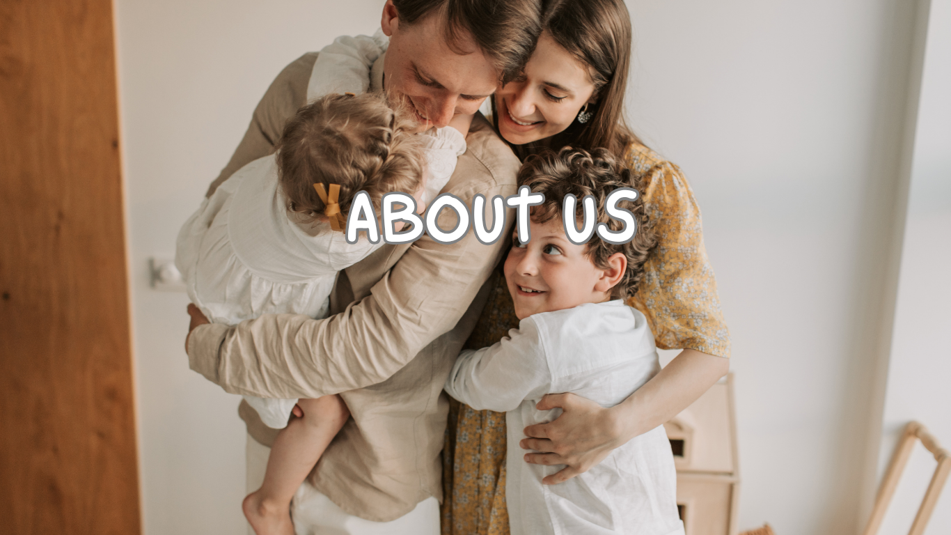 Parent hugging two young children with ABOUT US text overlay, symbolizing family love and brand values