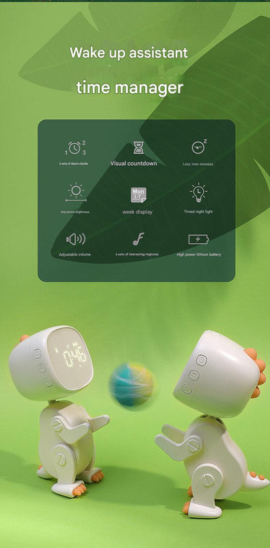 Adorable Dinosaur Alarm Clock & Visual Timer - Kids' Wake-Up Helper with Night Light & Multiple Ringtones(white)