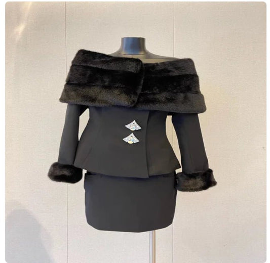 Elegant Off-Shoulder Faux Fur Coat & Skirt Combo