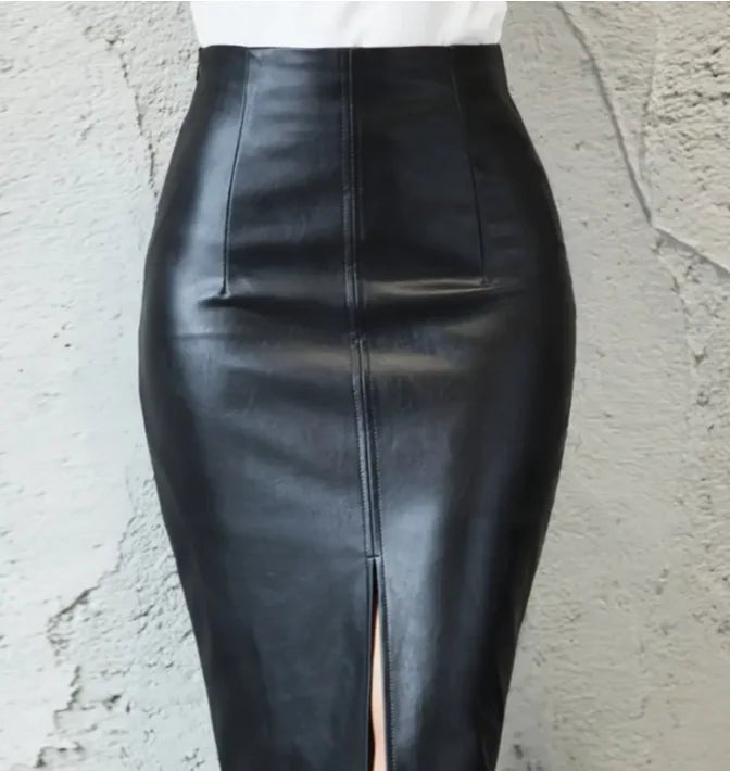 Chic Half-Length Leather Skirt with Split