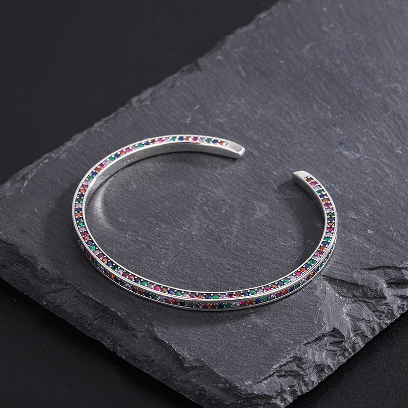 925 Silver Three-Side Rainbow Zircon Bracelet.