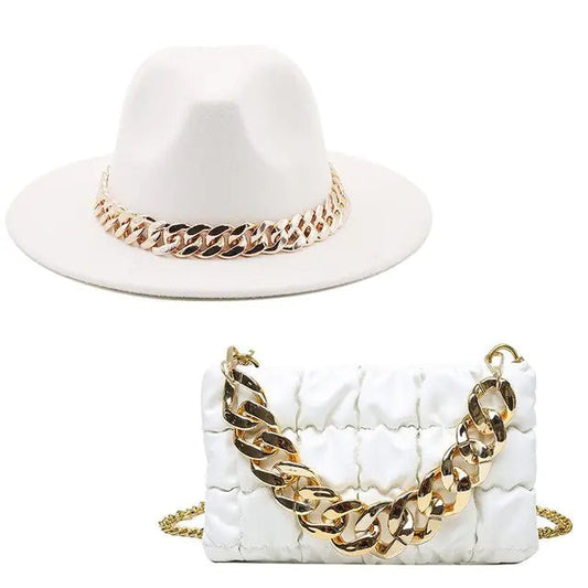 Chic Fedora Hats with Gold Chains with bag