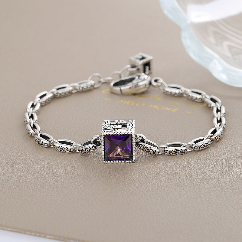 925 Silver G Letter Purple Zircon Bracelet.