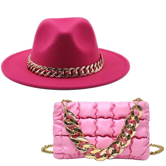 Chic Fedora Hats with Gold Chains with bag