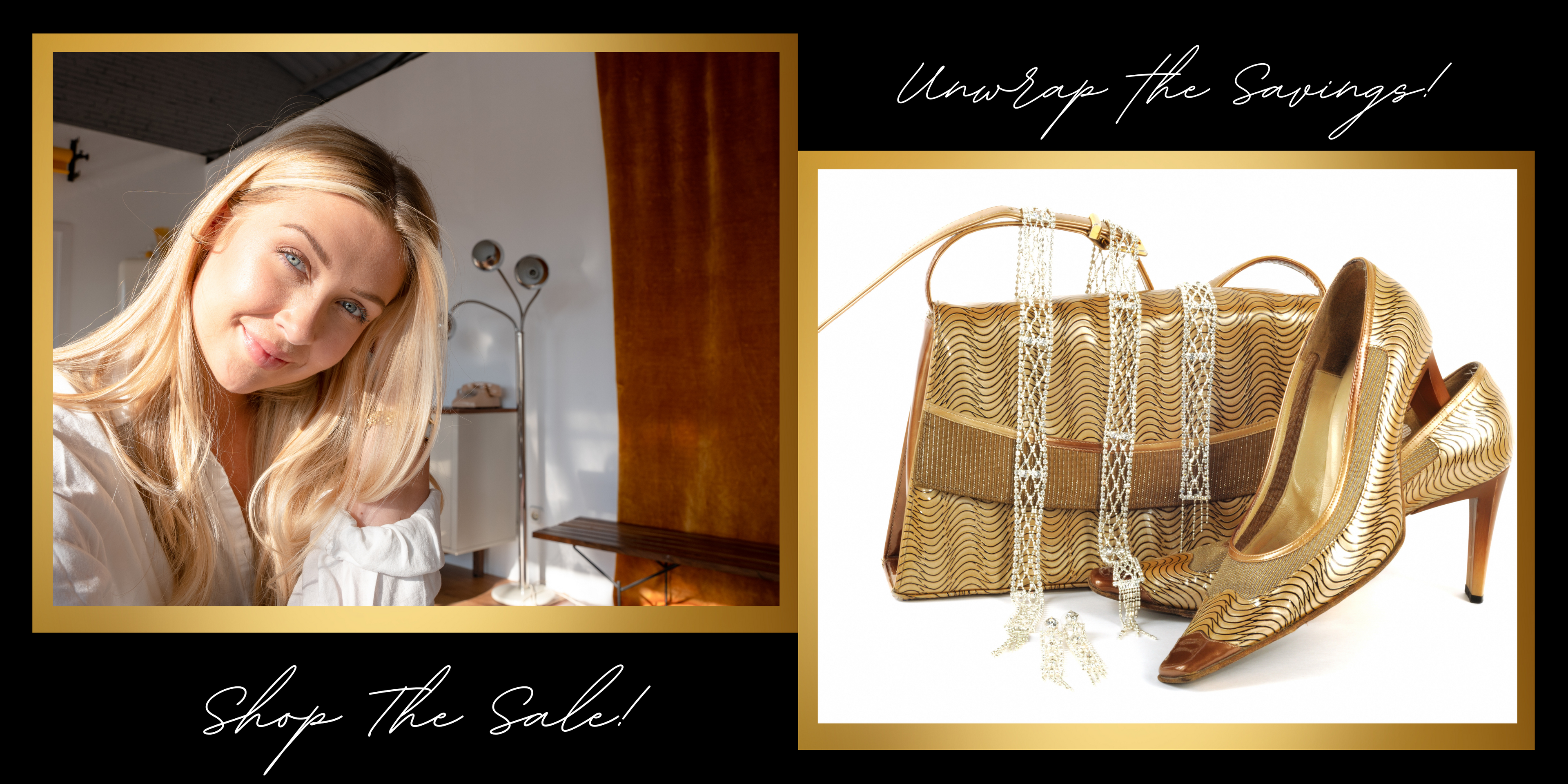 Blonde woman smiling next to a display of gold high heels and a handbag with text promoting a sale